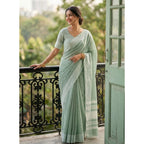 Women's Linen Striped Saree With Unstitched Blouse 5.5Mtr (Sea Green)