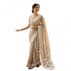 Women's Linen Striped Saree With Unstitched Blouse 5.5Mtr (Lite Brown)