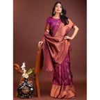 Women's Banarasi Silk Printed Saree With Unstitched Blouse 5.5Mtr (Purple)