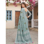 Women's Linen Embroidered Saree With Unstitched Blouse 5.5Mtr (Sea Green)