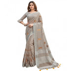 Women's Linen Embroidered Saree With Unstitched Blouse 5.5Mtr (Light Beige)