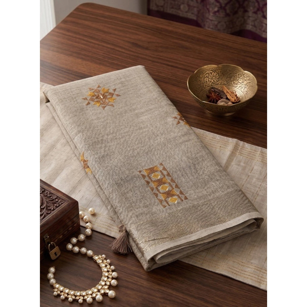 Women's Linen Embroidered Saree With Unstitched Blouse 5.5Mtr (Light Beige)