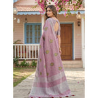 Women's Linen Embroidered Saree With Unstitched Blouse 5.5Mtr (Light Purple)