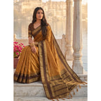 Women's Silk Blend Printed Saree With Unstitched Blouse 5.5Mtr (Mustard-Brown)