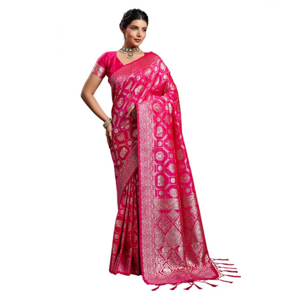 Women's Silk Blend Printed Saree With Unstitched Blouse 5.5Mtr (Pink)
