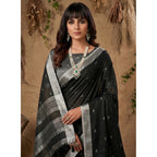 Women's Linen Cotton Printed Saree With Unstitched Blouse 5.5Mtr (Black)