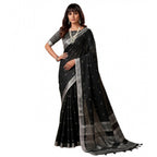 Women's Linen Cotton Printed Saree With Unstitched Blouse 5.5Mtr (Black)