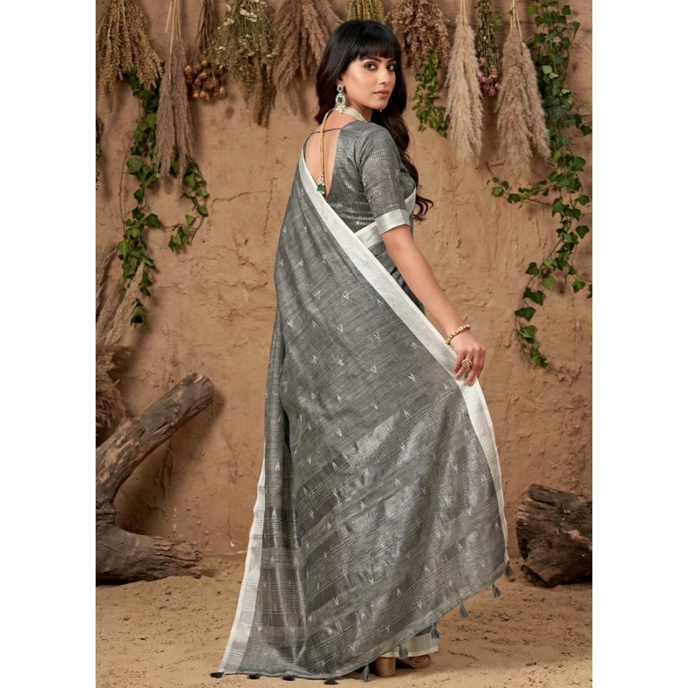 Women's Linen Cotton Printed Saree With Unstitched Blouse 5.5Mtr (Gray)