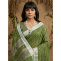 Women's Linen Cotton Printed Saree With Unstitched Blouse 5.5Mtr (Green)
