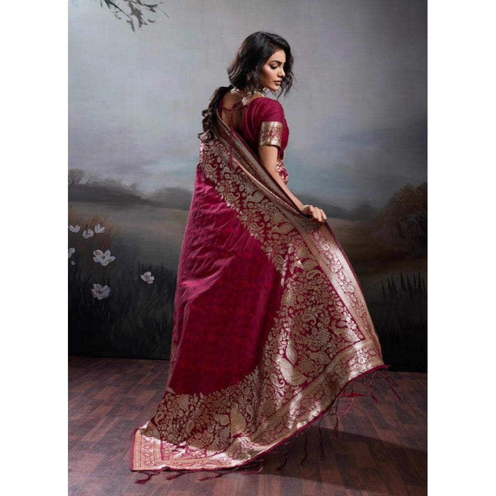 Women's Silk Blend Printed Saree With Unstitched Blouse 5.5Mtr (Maroon)