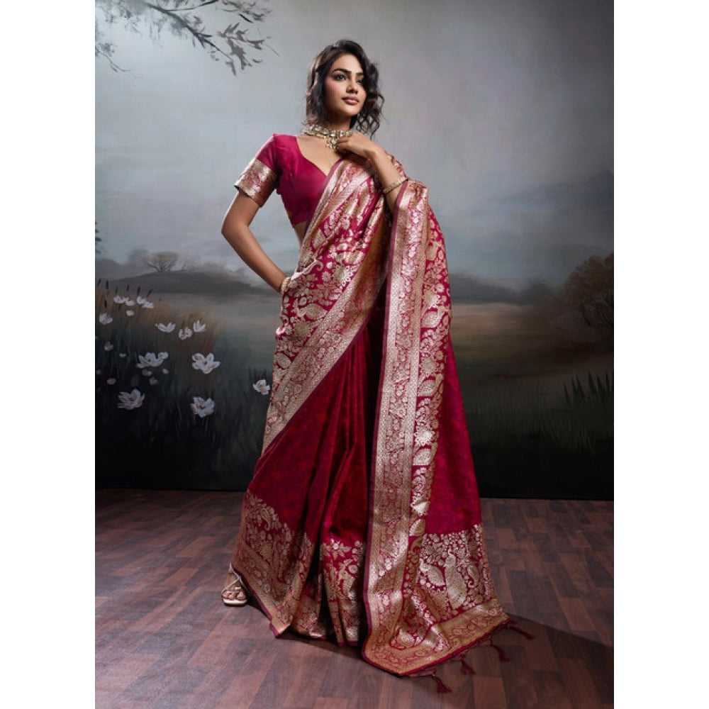 Women's Silk Blend Printed Saree With Unstitched Blouse 5.5Mtr (Maroon)