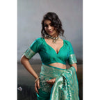 Women's Silk Blend Printed Saree With Unstitched Blouse 5.5Mtr (Teal Green)