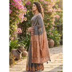 Women's Linen Cotton Printed Saree With Unstitched Blouse 5.5Mtr (Grey)