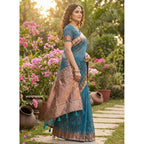 Women's Linen Cotton Printed Saree With Unstitched Blouse 5.5Mtr (Blue)