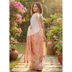 Women's Linen Cotton Printed Saree With Unstitched Blouse 5.5Mtr (White)