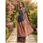 Women's Linen Cotton Printed Saree With Unstitched Blouse 5.5Mtr (Navy Blue)