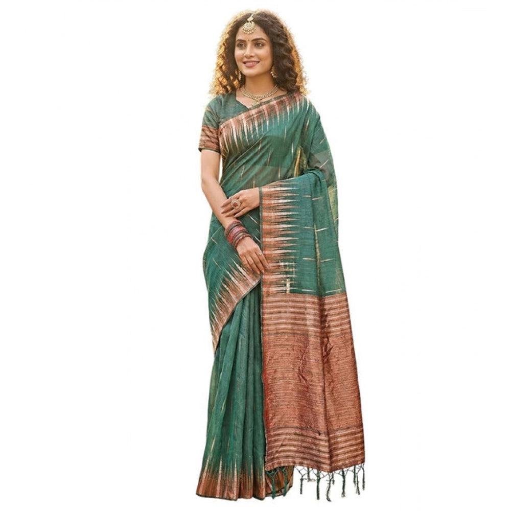 Women's Linen Cotton Printed Saree With Unstitched Blouse 5.5Mtr (Green)