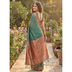 Women's Linen Cotton Printed Saree With Unstitched Blouse 5.5Mtr (Green)