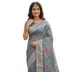 Women's Linen Cotton Floral Embroidered Saree With Unstitched Blouse 5.5Mtr (Gray)