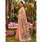 Women's Linen Cotton Floral Embroidered Saree With Unstitched Blouse 5.5Mtr (Peach)