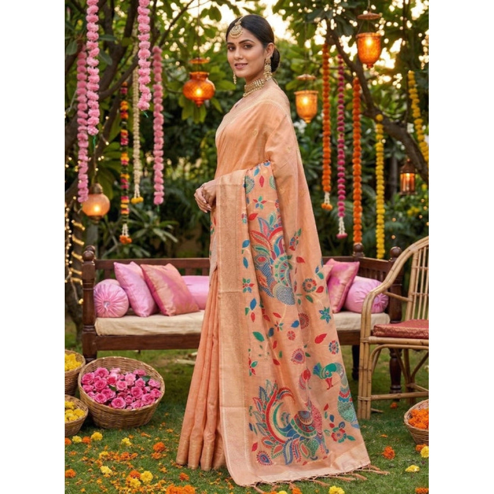 Women's Linen Cotton Floral Embroidered Saree With Unstitched Blouse 5.5Mtr (Peach)