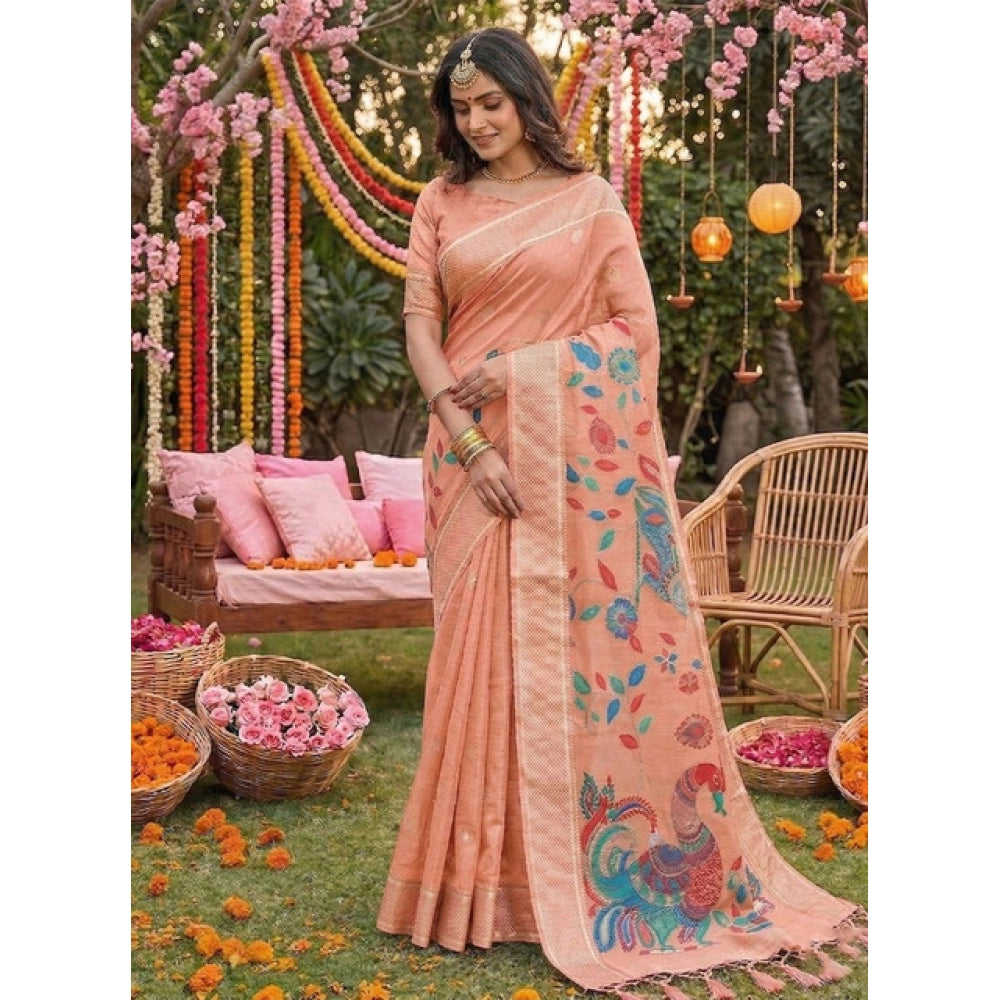 Women's Linen Cotton Floral Embroidered Saree With Unstitched Blouse 5.5Mtr (Peach)