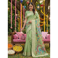 Women's Linen Cotton Floral Embroidered Saree With Unstitched Blouse 5.5Mtr (Light Green)