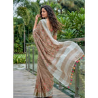 Women's Linen Floral Embroidered Saree With Unstitched Blouse 5.5Mtr (Brown)