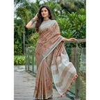 Women's Linen Floral Embroidered Saree With Unstitched Blouse 5.5Mtr (Brown)