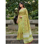 Women's Linen Floral Embroidered Saree With Unstitched Blouse 5.5Mtr (Light Green)