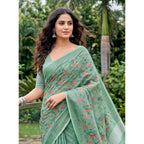 Women's Linen Floral Embroidered Saree With Unstitched Blouse 5.5Mtr (Sea Green)