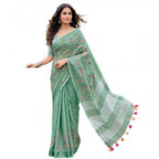 Women's Linen Floral Embroidered Saree With Unstitched Blouse 5.5Mtr (Sea Green)