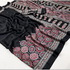 Women's Crepe Printed Saree With Unstitched Blouse 5.5Mtr (Black)