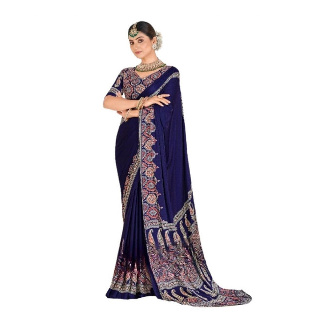 Women's Crepe Printed Saree With Unstitched Blouse 5.5Mtr (Navy Blue)