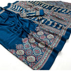 Women's Crepe Printed Saree With Unstitched Blouse 5.5Mtr (Teal)