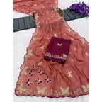 Women's Star Georgette Embellished Saree With Unstitched Blouse 5.5Mtr (Dusty Coral-Maroon)