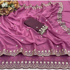 Women's Star Georgette Embroidered Saree With Unstitched Blouse 5.5Mtr (Pink)