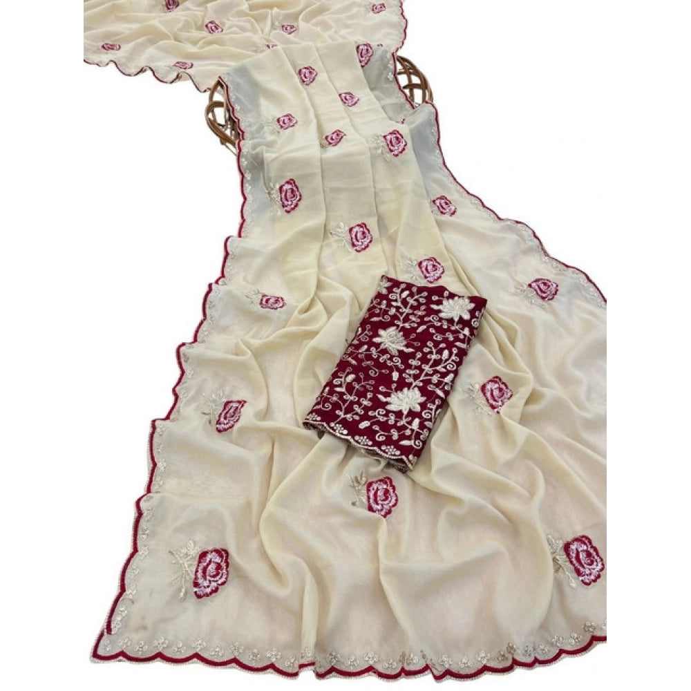 Women's Star Georgette Embroidered Saree With Unstitched Blouse 5.5Mtr (Cream)