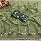 Women's Star Georgette Embroidered Saree With Unstitched Blouse 5.5Mtr (Green)