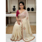 Women's Star Georgette Embroidered Saree With Unstitched Blouse 5.5Mtr (Cream)