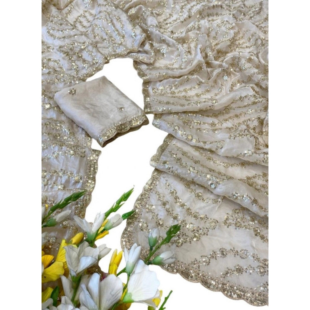 Women's Satin Embellished Saree With Unstitched Blouse 5.5Mtr (Cream)