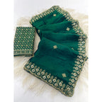 Women's Satin Embellished Saree With Unstitched Blouse 5.5Mtr (Green)