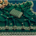 Women's Satin Embellished Saree With Unstitched Blouse 5.5Mtr (Green)