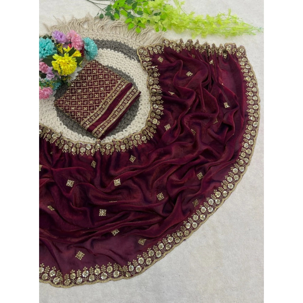 Women's Satin Embellished Saree With Unstitched Blouse 5.5Mtr (Maroon)