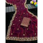 Women's Satin Embellished Saree With Unstitched Blouse 5.5Mtr (Maroon)