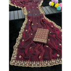 Women's Satin Embellished Saree With Unstitched Blouse 5.5Mtr (Wine-Toned)