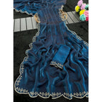 Women's Satin Embellished Saree With Unstitched Blouse 5.5Mtr (Navy)