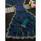 Women's Satin Embellished Saree With Unstitched Blouse 5.5Mtr (Bottle Green)