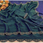 Women's Satin Embellished Saree With Unstitched Blouse 5.5Mtr (Bottle Green)