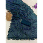 Women's Satin Embellished Saree With Unstitched Blouse 5.5Mtr (Bottle Green)